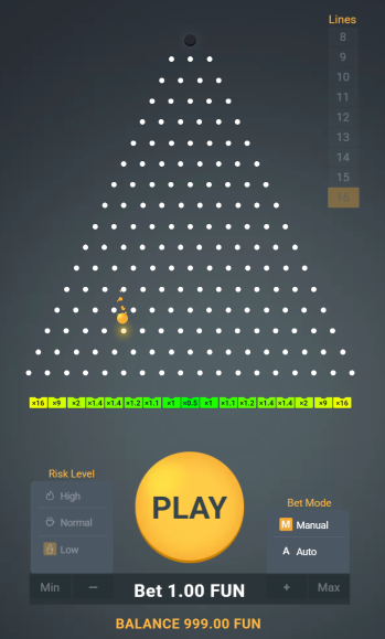 Ball descent in Plinko XY on a pyramid of 16 rows at a low risk level