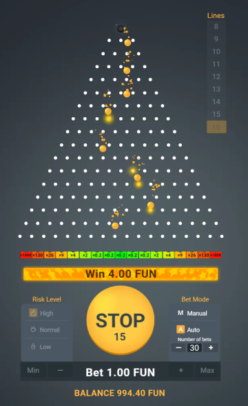 Autoplay in Plinko XY: descending balls down a pyramid with 16 rows at a high risk level
